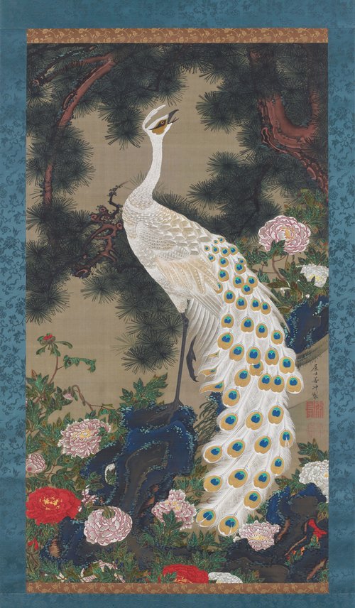 White peacock and peonies under a pine, , Itō Jakuchū