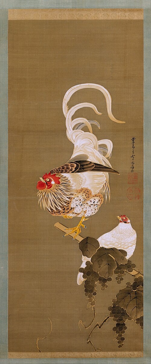 Hen and Rooster with Grapevine, 1792, Itō Jakuchū