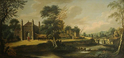 A Gothic Gateway by a River, 1755, Johann Heinrich Müntz