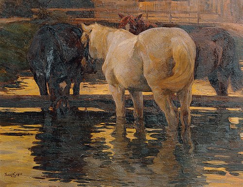 Pferde in der Schwemme, 1900, Hans von Hayek
