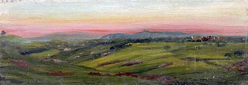 Landscape with Green Fields, a Distant Hilltop Village and a Pink Sky, 1899, Caroline Emily Gray Hill