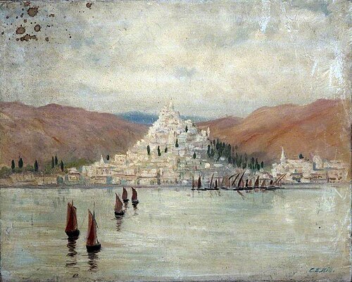 Landscape with a Hillside Town and Mountains Overlooking Water and Boats, 1899, Caroline Emily Gray Hill
