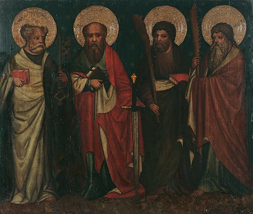 Die Apostel Petrus, Paulus, Jakobus d. J. und Simon, 1457, Meister von Laufen