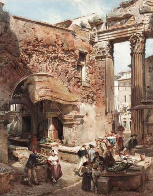 Italianate Market Scene with Roman Ruins, 1863, Ludwig Passini