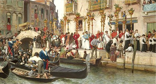 Bridge on the Riva degli Schiavoni - A Procession in Venice, 1873, Ludwig Passini