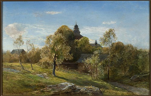 Landscape with a church hidden behind the trees, , Henryk Grabiński