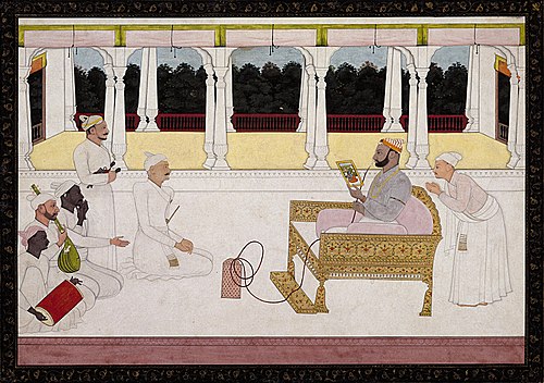 Raja Balwant Singh of Jasrota examining a painting with Nainsukh, 1747, Nainsukh