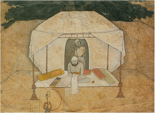 Balwant Singh Seated Writing on a Camp-Bed, 1757, Nainsukh