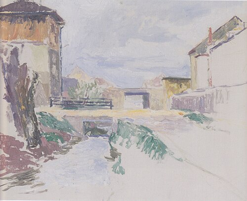 Brook, brigde and houses (Feuerbach in Klagenfurt), 1923, Felix Esterl