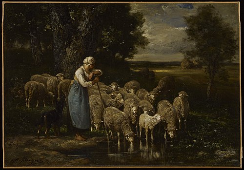 Shepherdess and Sheep, Fontainebleau, 1850, Charles Jacque