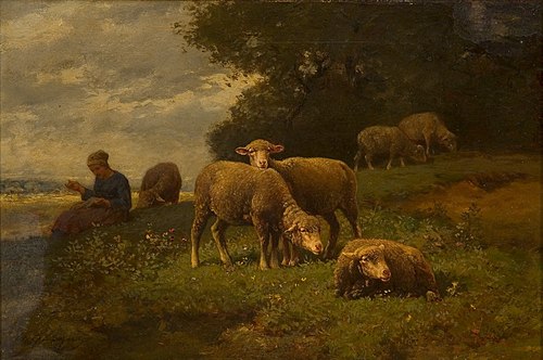 Landschap met schapen en herderin, , Charles Jacque