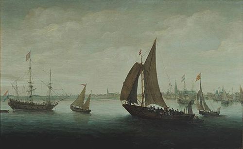 Two Ferries leaving Hoorn Harbour, 1625, Hans Goderis