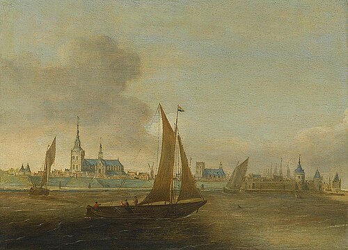 Ships off the coast near a town, 1635, Hans Goderis