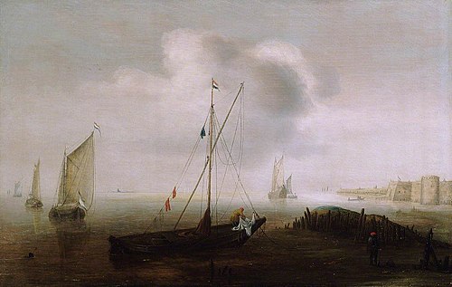 A Fishing Boat with Sail Lowered Near the Shore, 1632, Hans Goderis
