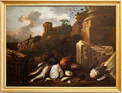 natura morta con pescagione, anatra e pescatori, , Alessandro de' Pesci