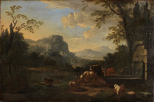 Südliche Gebirgslandschaft mit Hirt und Herde am Brunnen, , Johann Franciscus Ermels