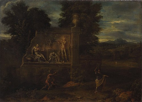 Landschaft mit einem Grabmal und Staffage, , Johann Franciscus Ermels