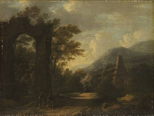Mountainous landscape with the ruin of an aqueduct and a pyramid, 1670, Johann Franciscus Ermels