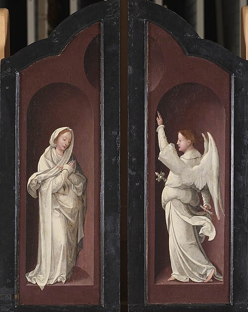 Twee retabelluiken met Presentatie in de tempel en Aanbidding van de herders (binnenzijde) en Annunc, 1525, Maître de l'Adoration d'Anvers