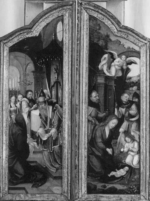 The presentation in the temple  (inside) and the annunciation (outside), 1509, Master of the Antwerp Adoration
