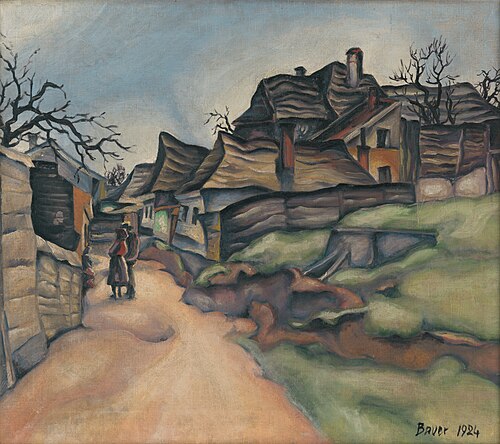 Domy na dedine s figurálnou štafážou, 1924, Konštantín Bauer