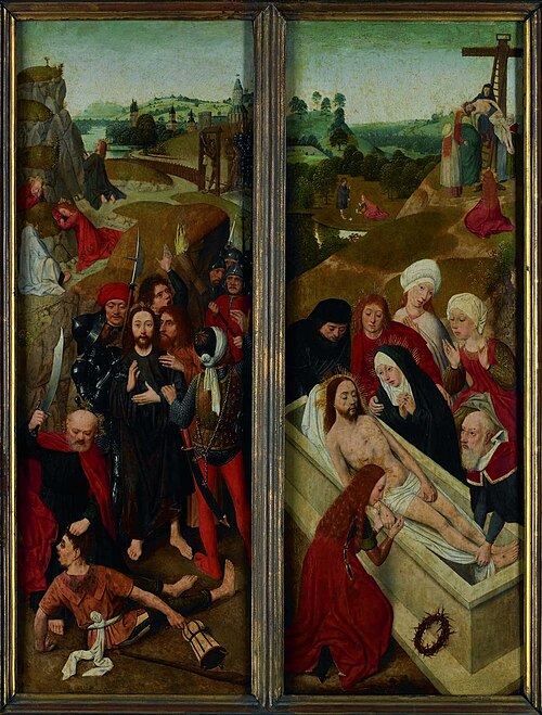 De gevangenneming (links) en de graflegging (rechts), 1487, Maïtre du diptyque de Brunswic