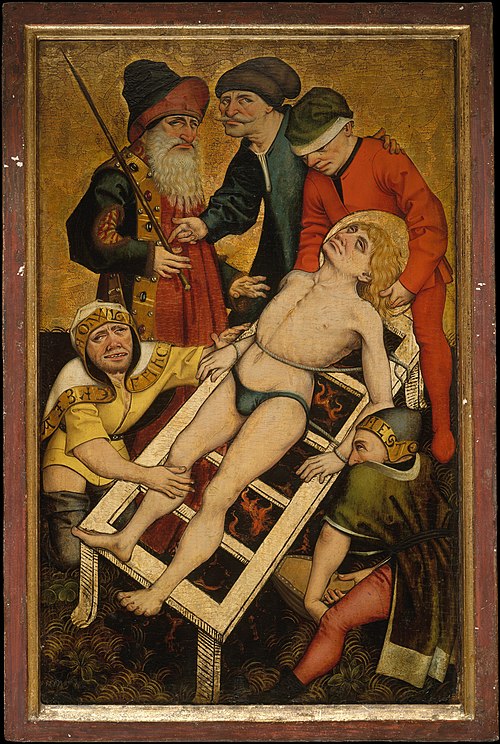 The Martyrdom of Saint Lawrence; (reverse) Giving Drink to the Thirsty, 1465, Maître des Œuvres de miséricorde