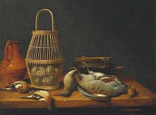 Basket of eggs among dead birds and kitchen utensils, 1650, Hubert van Ravesteyn