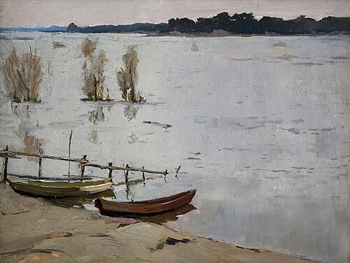 Boats on the banks of the Isar river, 1930, Otto Strützel
