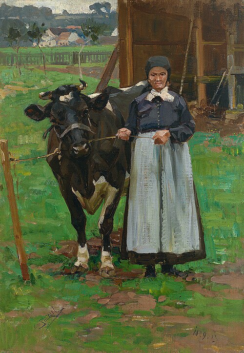 Bäuerin mit Kuh vor offenem Stall, 1913, Otto Strützel