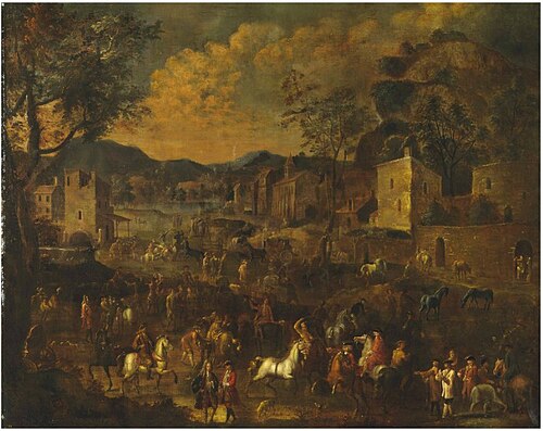 A horse fair in a village, a lake and mountains beyond, 1704, Alexander van Bredael
