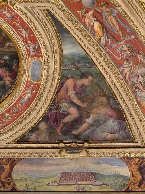 Allegory of Borgo San Sepolcro; to the bottom, view of Scarperia, 1557, Giorgio Vasari