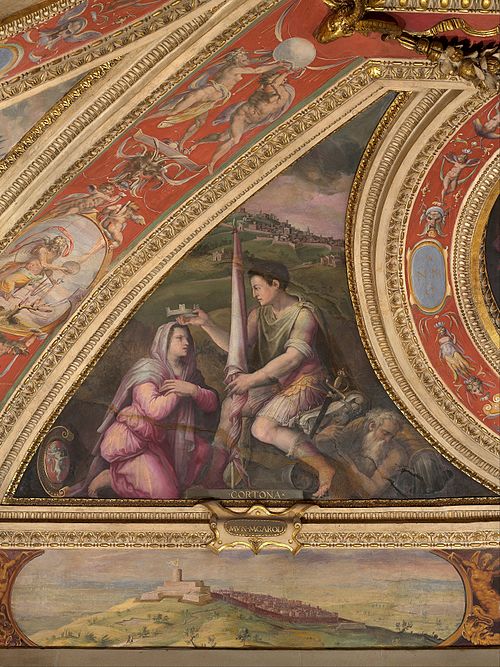Allegory of Cortona; to the bottom, view of Montecarlo, 1557, Giorgio Vasari