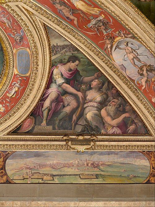 Allegory of Pisa; to the bottom, view of Siena, 1557, Giorgio Vasari