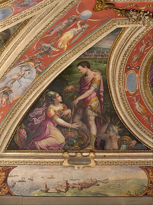 Allegory of Pistoia; to the bottom, view of Piombino, 1557, Giorgio Vasari