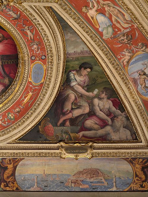 Allegory of Prato; to the bottom, view of Livorno, 1557, Giorgio Vasari