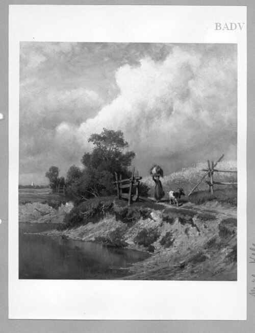 Sommer - landscape with girl + goat, 1877, Paul Weber