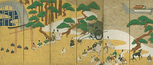 Scenes from Sekiya (The Barrier Gate) and Miotsukushi (Channel Markers) chapters of The Tale of Genj, 1631, Tawaraya Sôtatsu