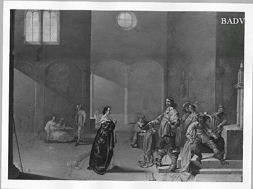 Watch-room lady and officer, with other soldiers, 1625, Jacob Duck
