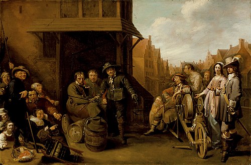 Une scène de rue avec un moulin à couteaux et un couple élégant, 1655, Jacob Duck