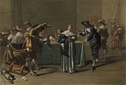 Elegant company singing, dancing and smoking in an interior, 1635, Jacob Duck
