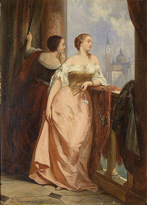 Zwei Damen am Balkon, im Hintergrund San Giorgio Maggiore, Venedig, 1888, Edouard Hamman