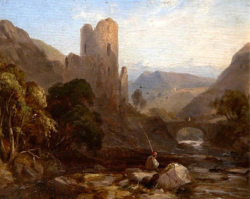 A Man fishing in a Stream by a  Ruined Castle, 1841, John Sell Cotman