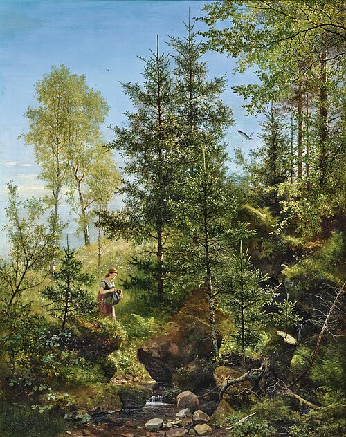 A Berry Picker by a Forest Brook, a Stork between the Trees, , Eduard Leonhardi