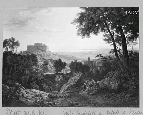 Italienische Landschaft mit Kastell und Staffage, 1850, Valentin Ruths