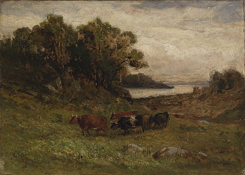 Untitled (five cows grazing with trees and river in background), 1864, Edward Mitchell Bannister