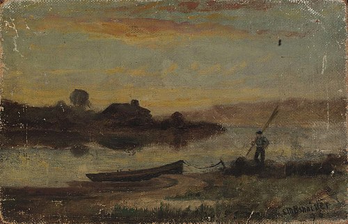 Untitled (landscape, boat moored near bank with man walking), 1896, Edward Mitchell Bannister