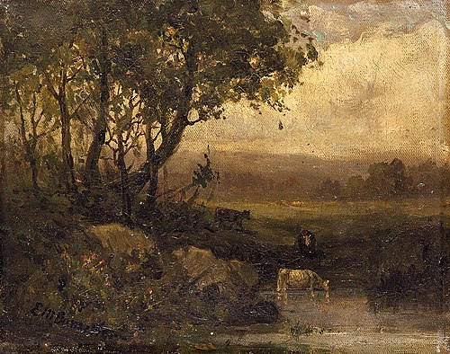Untitled (landscape, riverbank, three cows), 1864, Edward Mitchell Bannister