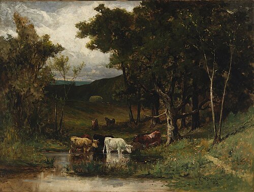 Untitled (landscape with cows in stream near trees), 1882, Edward Mitchell Bannister