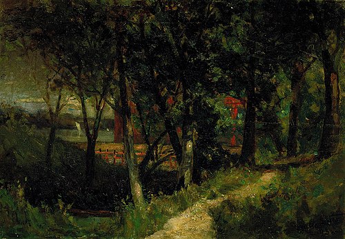 Untitled (landscape, forest scene with red fence and building), 1893, Edward Mitchell Bannister